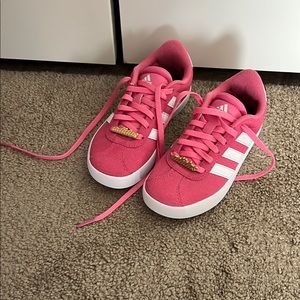 Adidas Pink and White Sneakers with Iconic Stripes